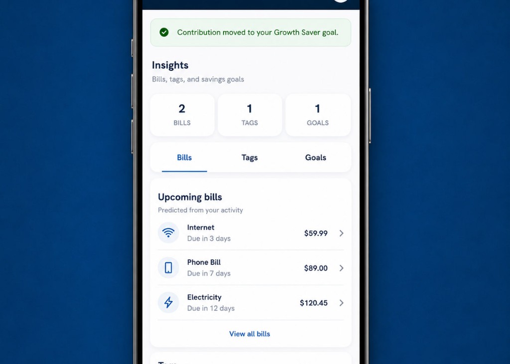 MShore Insights: bills, tags, and savings goals